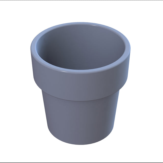 A plain, gray, cylindrical plastic flower pot with a slightly flared rim. The pot is empty and sits on a white background, viewed from a slightly elevated angle that shows the inside and part of the outer surface. Dishwasher safe for easy cleaning.