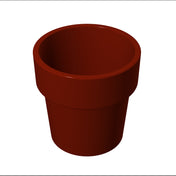A brown, empty, cylindrical plant pot with a slightly flared rim is shown against a plain white background. Reminiscent of a condiment crock, the pot is viewed from a slightly elevated angle, showing its open top and hollow interior.