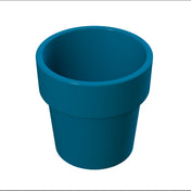 A digital rendering of a blue plastic flower pot with a wide, rounded rim. Reminiscent of a condiment crock, the pot is cylindrical, tapers towards the bottom, and is empty. The plain white background highlights its bright blue color and smooth texture.
