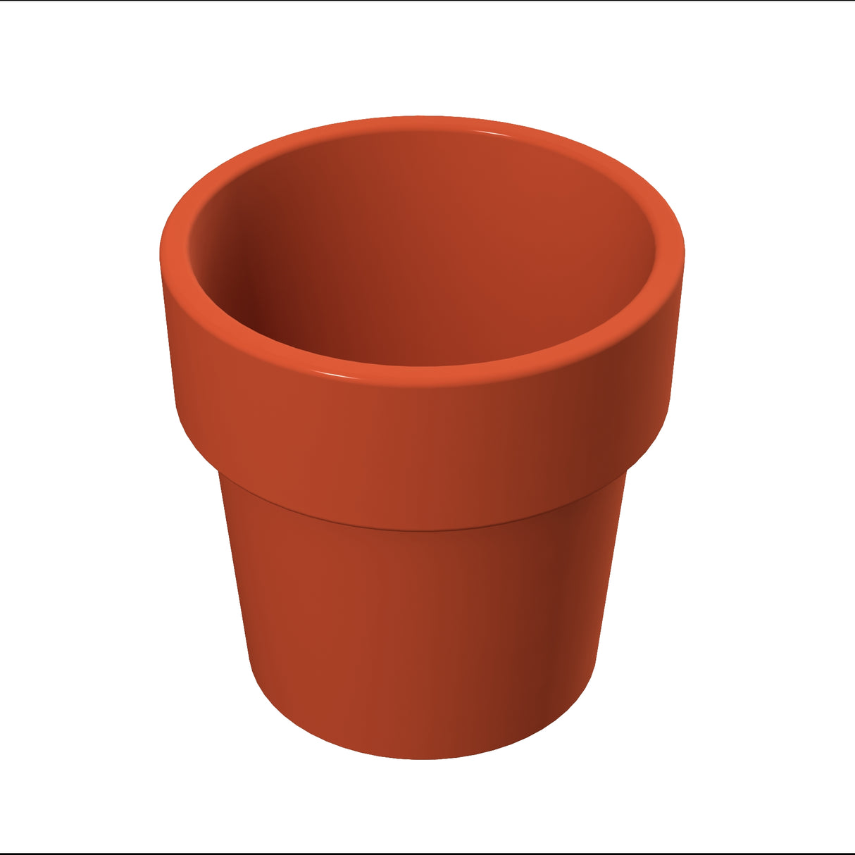 A plain, empty terracotta flower pot is shown against a white background. The pot, resembling a condiment crock, has a wide rim at the top and narrows toward the base, with a smooth, glossy, reddish-brown surface.