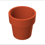 A plain, empty terracotta flower pot is shown against a white background. The pot, resembling a condiment crock, has a wide rim at the top and narrows toward the base, with a smooth, glossy, reddish-brown surface.