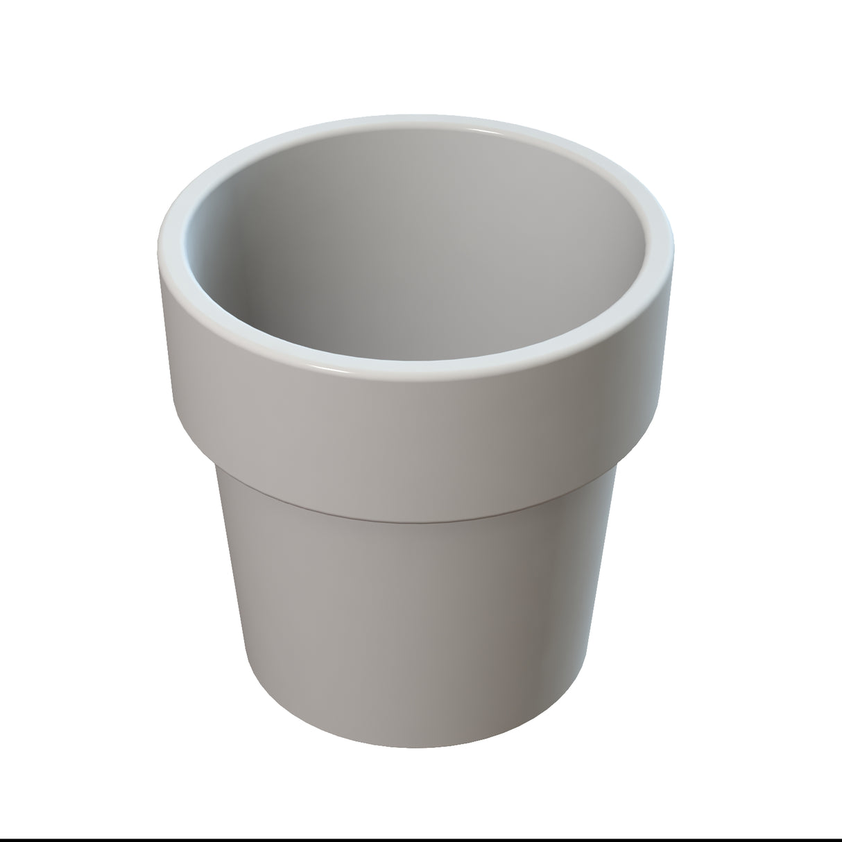 A plain, empty, glossy white flowerpot with a wide rim and smooth surface is centered on a white background. Its slightly flared opening and cylindrical shape resemble a modern condiment crock, narrowing elegantly towards the base.