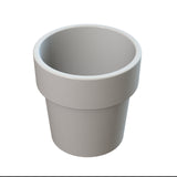 A plain, empty, glossy white flowerpot with a wide rim and smooth surface is centered on a white background. Its slightly flared opening and cylindrical shape resemble a modern condiment crock, narrowing elegantly towards the base.