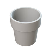A plain, empty, glossy white flowerpot with a wide rim and smooth surface is centered on a white background. Its slightly flared opening and cylindrical shape resemble a modern condiment crock, narrowing elegantly towards the base.