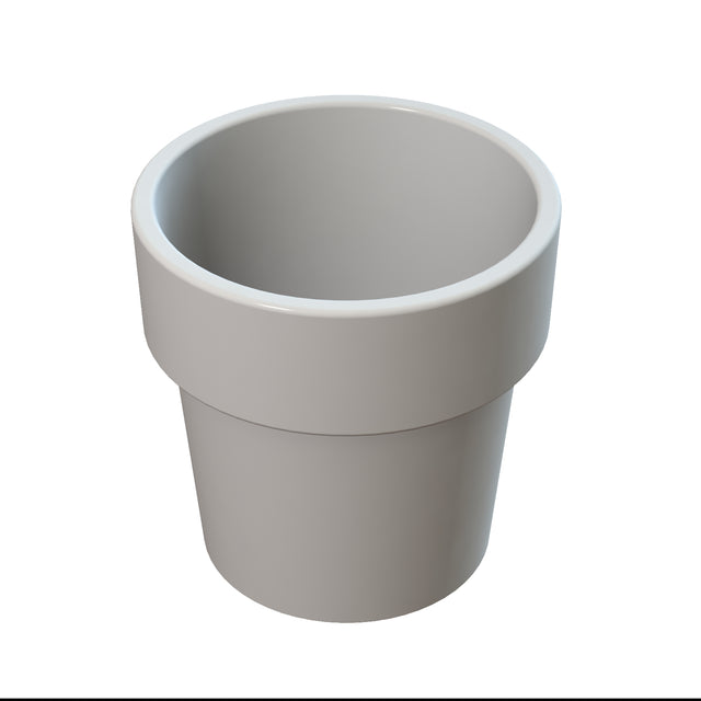 A plain, empty, glossy white flowerpot with a wide rim and smooth surface is centered on a white background. Its slightly flared opening and cylindrical shape resemble a modern condiment crock, narrowing elegantly towards the base.