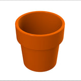A shiny, empty orange flowerpot with a wide, thick rim is shown against a white background. Reminiscent of a cast aluminum condiment crock, the smooth cylindrical shape tapers slightly toward the base and features no visible patterns or decorations.