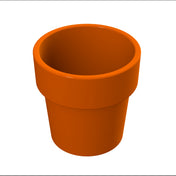 A shiny, empty orange flowerpot with a wide, thick rim is shown against a white background. Reminiscent of a cast aluminum condiment crock, the smooth cylindrical shape tapers slightly toward the base and features no visible patterns or decorations.