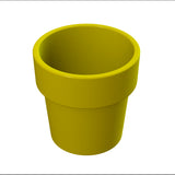 A 3D-rendered image of a yellow, cylindrical flowerpot with a wide rim. The glossy pot appears to be made of cast aluminum and has a sleek finish. It is empty, and the background is plain white.