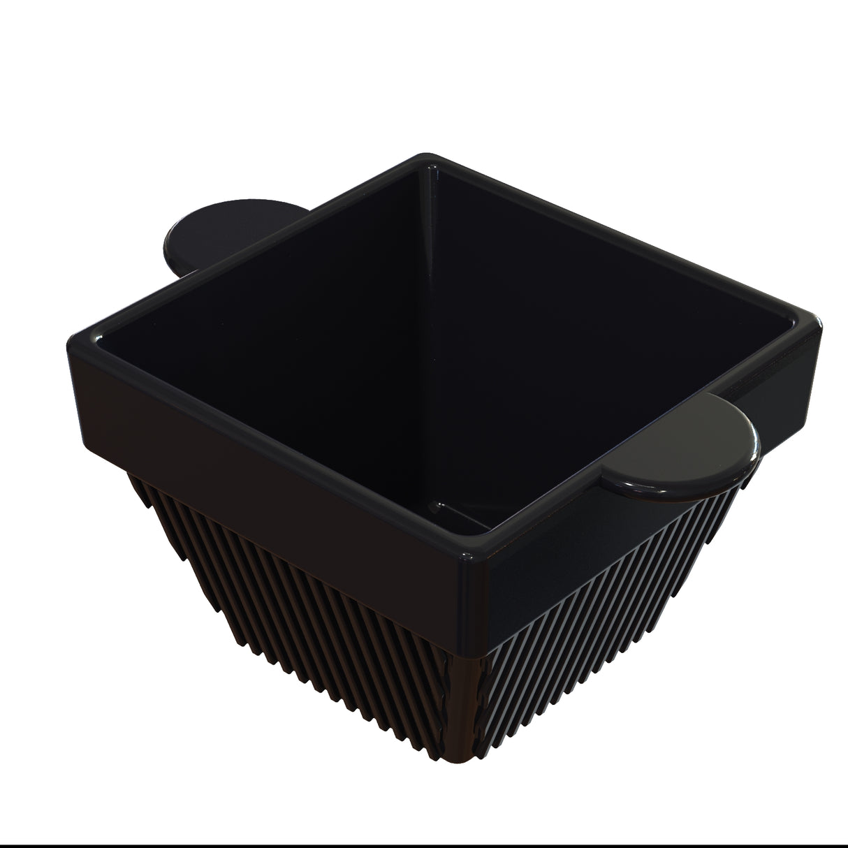 A black, square-shaped cast aluminum container with slanted sides and two rounded handles on opposite edges. The condiment bowl features vertical ridges and a glossy, smooth finish, ideal for cold holding, set against a plain white background.