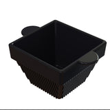 A black, square-shaped cast aluminum container with slanted sides and two rounded handles on opposite edges. The condiment bowl features vertical ridges and a glossy, smooth finish, ideal for cold holding, set against a plain white background.