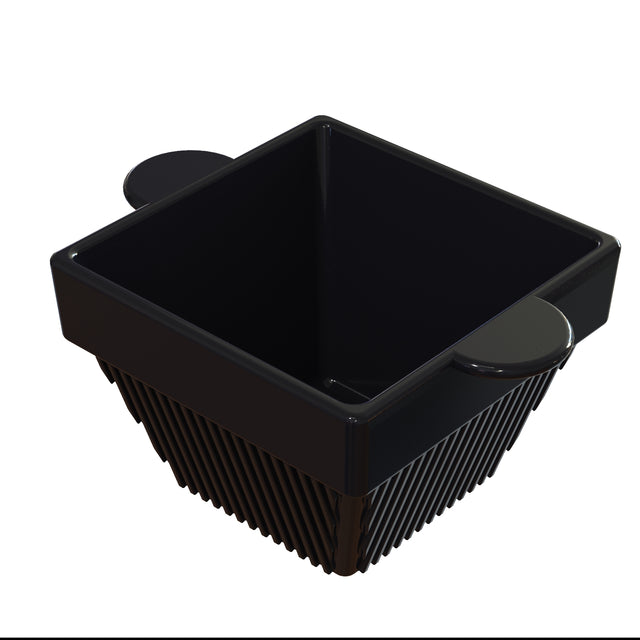A black, square-shaped cast aluminum container with slanted sides and two rounded handles on opposite edges. The condiment bowl features vertical ridges and a glossy, smooth finish, ideal for cold holding, set against a plain white background.
