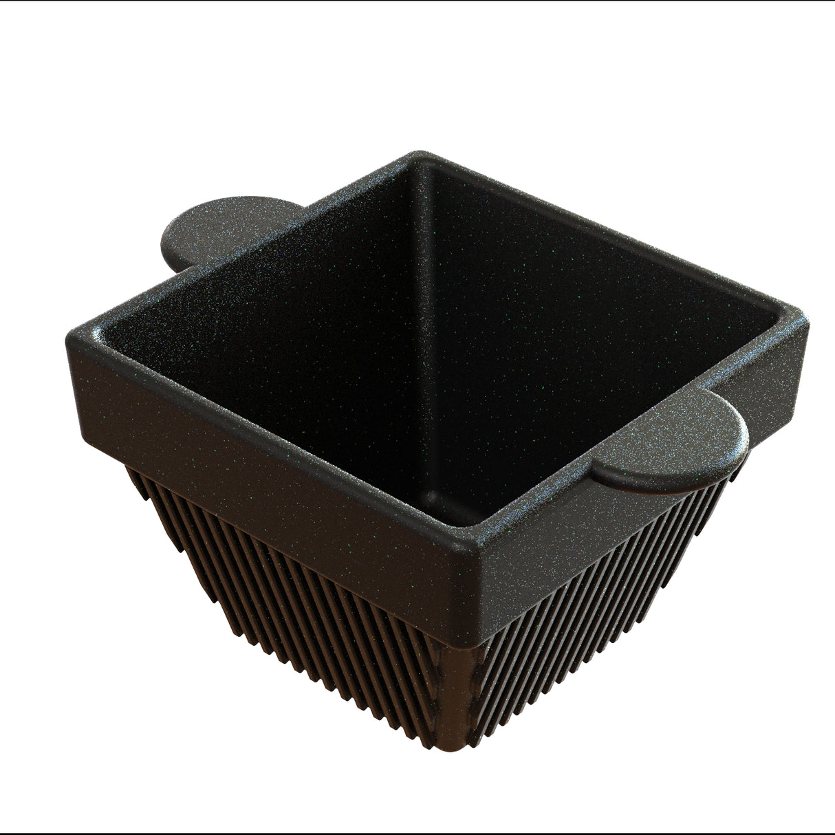 A black, square-shaped plastic basket with two flat handles on opposite sides. The sides have evenly spaced vertical slats for ventilation, similar to a cold holding container. The surface features a slightly speckled texture and is shown on a white background.