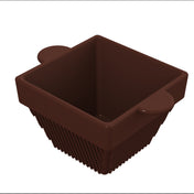 A 3D-rendered image of a square, dark brown basket with two small, round handles and vertical ridges along its sides. Reminiscent of a cast aluminum condiment bowl, the empty basket is set against a plain white background.