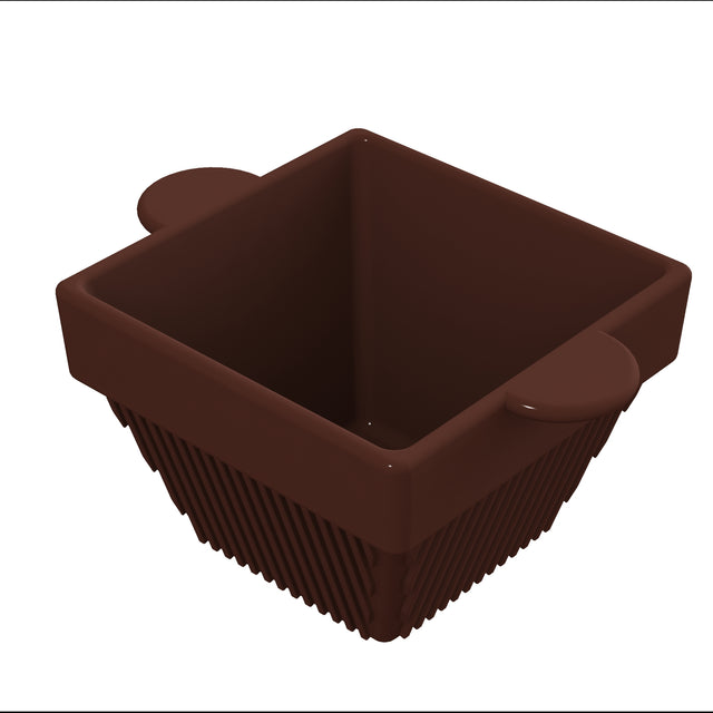 A 3D-rendered image of a square, dark brown basket with two small, round handles and vertical ridges along its sides. Reminiscent of a cast aluminum condiment bowl, the empty basket is set against a plain white background.