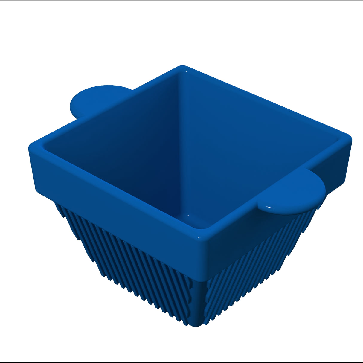 A blue, square-shaped cast aluminum container with ribbed sides and two rounded handles on opposite edges, viewed from above at an angle, set against a white background. The interior is smooth and the exterior sides are ridged vertically.