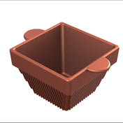 A 3D-rendered, square-shaped brown cast aluminum container with vertical ridges on the sides and two rounded tabs on opposite edges. The container is empty and positioned against a white background, viewed from an angled top-down perspective.