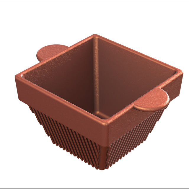 A 3D-rendered, square-shaped brown cast aluminum container with vertical ridges on the sides and two rounded tabs on opposite edges. The container is empty and positioned against a white background, viewed from an angled top-down perspective.