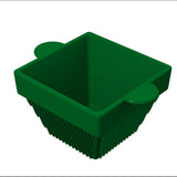 A green, square-shaped plastic basket with vertical ridges on its sides and two oval-shaped handles on opposite edges, ideal for cold holding items like a condiment bowl. The basket is empty and set against a plain white background.
