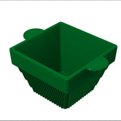 A green, square-shaped plastic basket with vertical ridges on its sides and two oval-shaped handles on opposite edges, ideal for cold holding items like a condiment bowl. The basket is empty and set against a plain white background.
