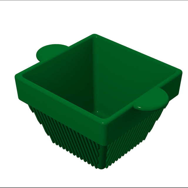 A green, square-shaped plastic basket with vertical ridges on its sides and two oval-shaped handles on opposite edges, ideal for cold holding items like a condiment bowl. The basket is empty and set against a plain white background.