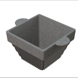 A gray, square-shaped cast aluminum container with rounded handles on two sides and a slatted, open-grid bottom. The sides are solid at the top and transition to open slats at the bottom for drainage, ideal for cold holding. Sits on a white background.