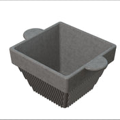 A gray, square-shaped cast aluminum container with rounded handles on two sides and a slatted, open-grid bottom. The sides are solid at the top and transition to open slats at the bottom for drainage, ideal for cold holding. Sits on a white background.