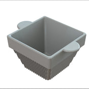 A gray, square-shaped condiment bowl with slanted, ribbed sides and two flat, rounded handles on opposite edges, viewed from above at an angle. The glossy surface suggests it could be used for cold holding and might be made of plastic or ceramic.
