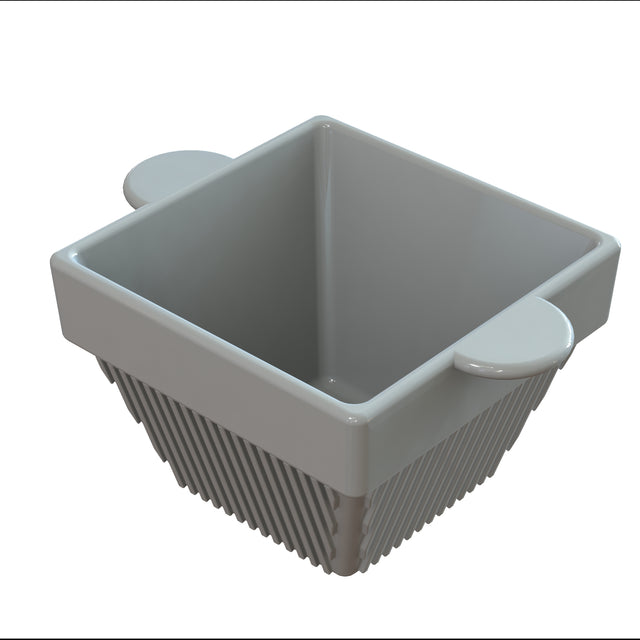 A gray, square-shaped condiment bowl with slanted, ribbed sides and two flat, rounded handles on opposite edges, viewed from above at an angle. The glossy surface suggests it could be used for cold holding and might be made of plastic or ceramic.