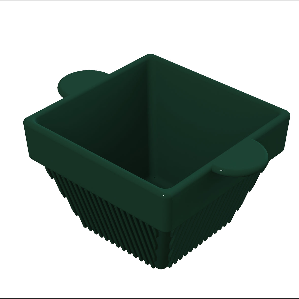 A dark green, square-shaped basket with slightly flared sides and two rounded handles on opposite edges. Crafted from cast aluminum, it features a ribbed, open-weave design and is shown against a plain white background.