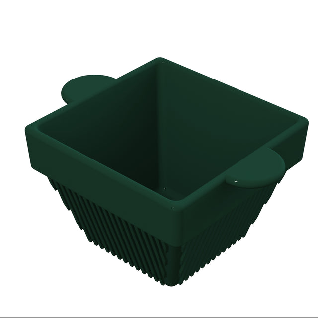 A dark green, square-shaped basket with slightly flared sides and two rounded handles on opposite edges. Crafted from cast aluminum, it features a ribbed, open-weave design and is shown against a plain white background.