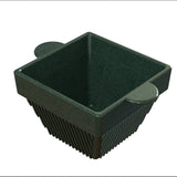 A dark green, square-shaped colander with vertical slits on the sides for draining. Featuring two flat, oval handles, this NSF-certified plastic piece sits on a white background, ideal for use alongside any condiment bowl.