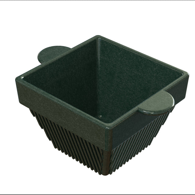 A dark green, square-shaped colander with vertical slits on the sides for draining. Featuring two flat, oval handles, this NSF-certified plastic piece sits on a white background, ideal for use alongside any condiment bowl.