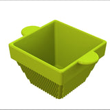 A square, bright green plastic condiment bowl with open top, two rounded handles on opposite sides, and textured vertical ridges along the lower half. Ideal for cold holding, the container is set against a plain white background.