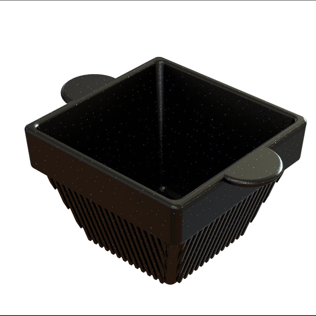 A black, square-shaped plastic basket with slotted sides for cold holding and two rounded handles on opposite corners is shown on a white background. The basket has vertical slits along the sides and is empty.