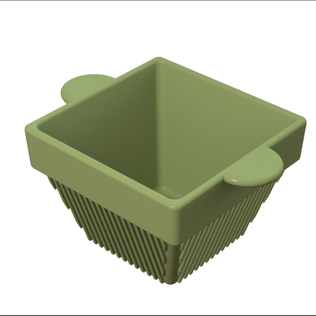 A green, square-shaped plastic condiment bowl with ribbed sides and two rounded tabs on opposite edges. The open-top container features vertical grooves along its slanted sides and is dishwasher safe for easy cleaning.