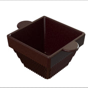 A dark brown, square-shaped container with vertical slits along the sides and two rounded handles on opposite edges. This cold holding basket appears to be made of plastic or silicone and resembles a strainer or colander.
