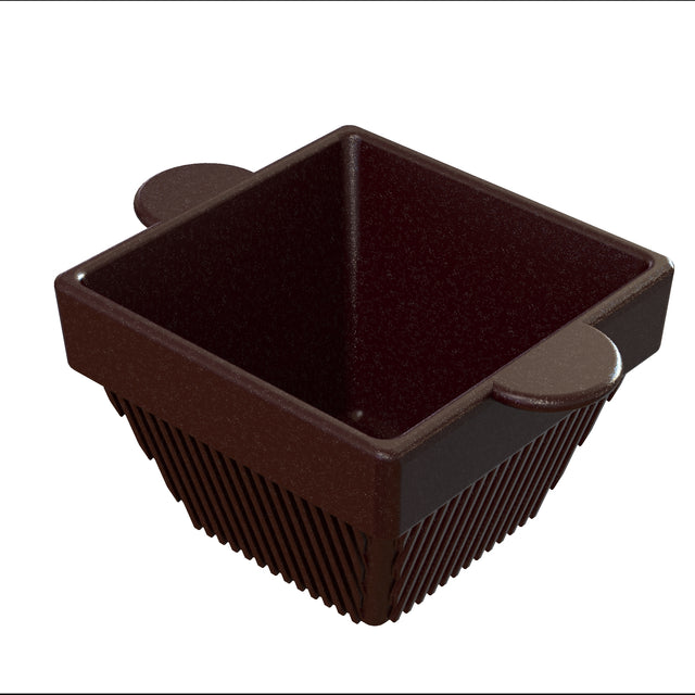 A dark brown, square-shaped container with vertical slits along the sides and two rounded handles on opposite edges. This cold holding basket appears to be made of plastic or silicone and resembles a strainer or colander.