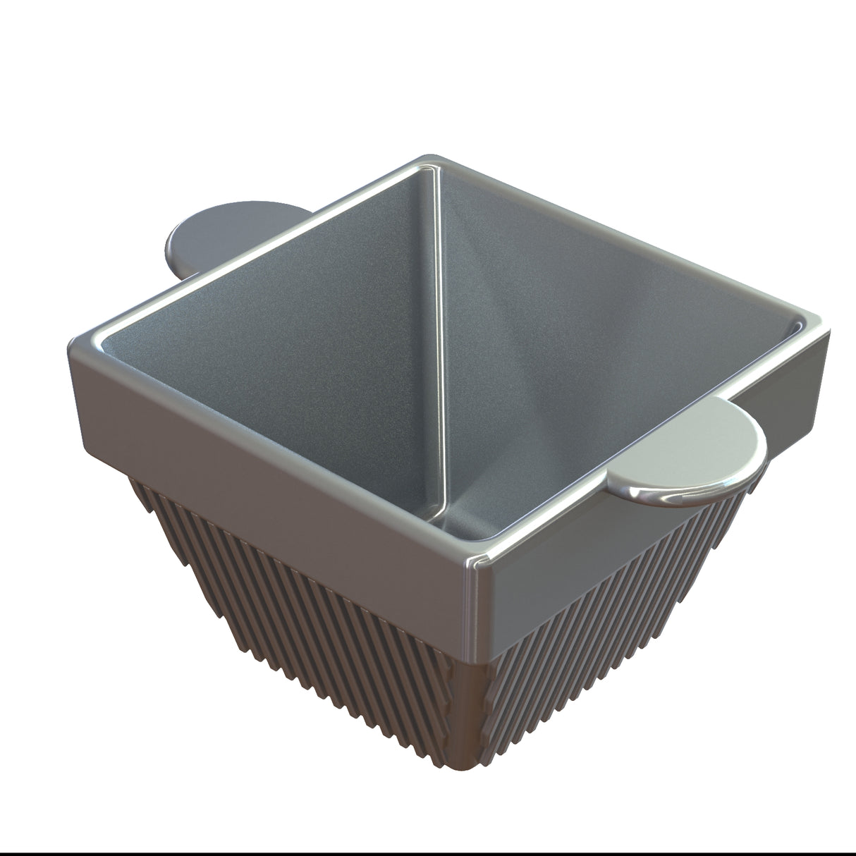A metallic, cast aluminum square-shaped container with grooved sides, sharp inner corners, and two round flat handles on opposite sides, ideal as a condiment bowl for cold holding. The smooth, reflective interior contrasts with the ribbed exterior.