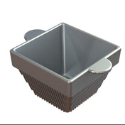 A metallic, cast aluminum square-shaped container with grooved sides, sharp inner corners, and two round flat handles on opposite sides, ideal as a condiment bowl for cold holding. The smooth, reflective interior contrasts with the ribbed exterior.