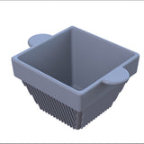 A 3D-rendered image of a square, gray cast aluminum container with two rounded tabs on opposite sides of the rim. The container’s sides taper outward and feature vertical ridges along the lower portion, while the upper part is smooth.