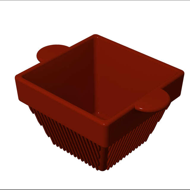 A 3D-rendered, brown, square condiment bowl with two rounded handles on opposite sides. Made of cast aluminum, its sides feature vertical ridges, while the smooth interior is empty. The container is displayed on a white background.