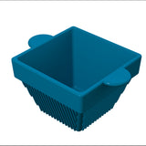 A blue, square-shaped plastic basket with ribbed sides and two rounded handles is shown against a white background. Deep and sturdy, it’s ideal for washing, draining small items, or cold holding condiment bowls.