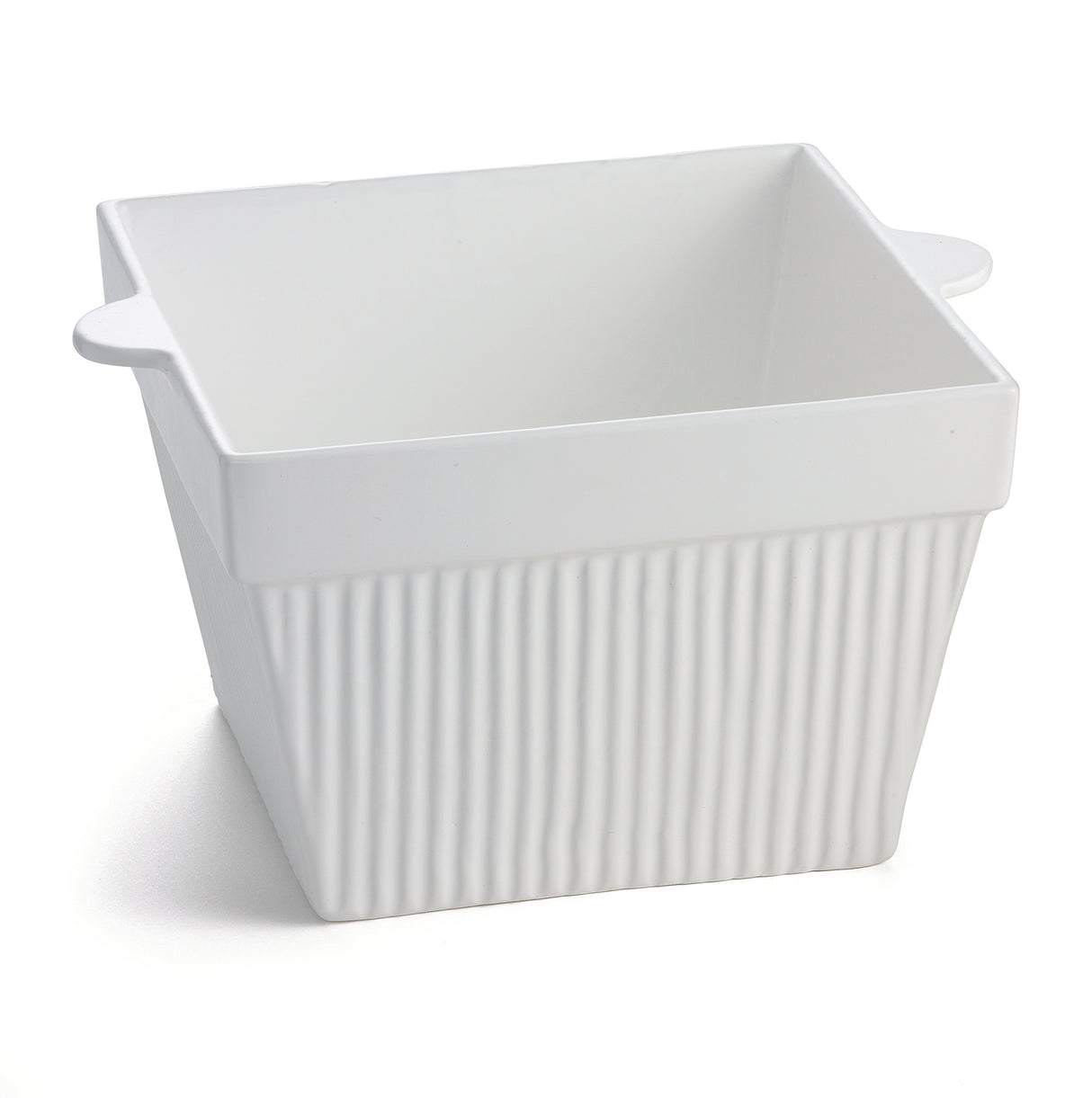 A white, square ceramic baking dish with vertical ridges and two small handles sits on a plain white background. The dish has a glossy finish, a slightly flared rim, and is ideal for cold holding or serving as a stylish condiment bowl.