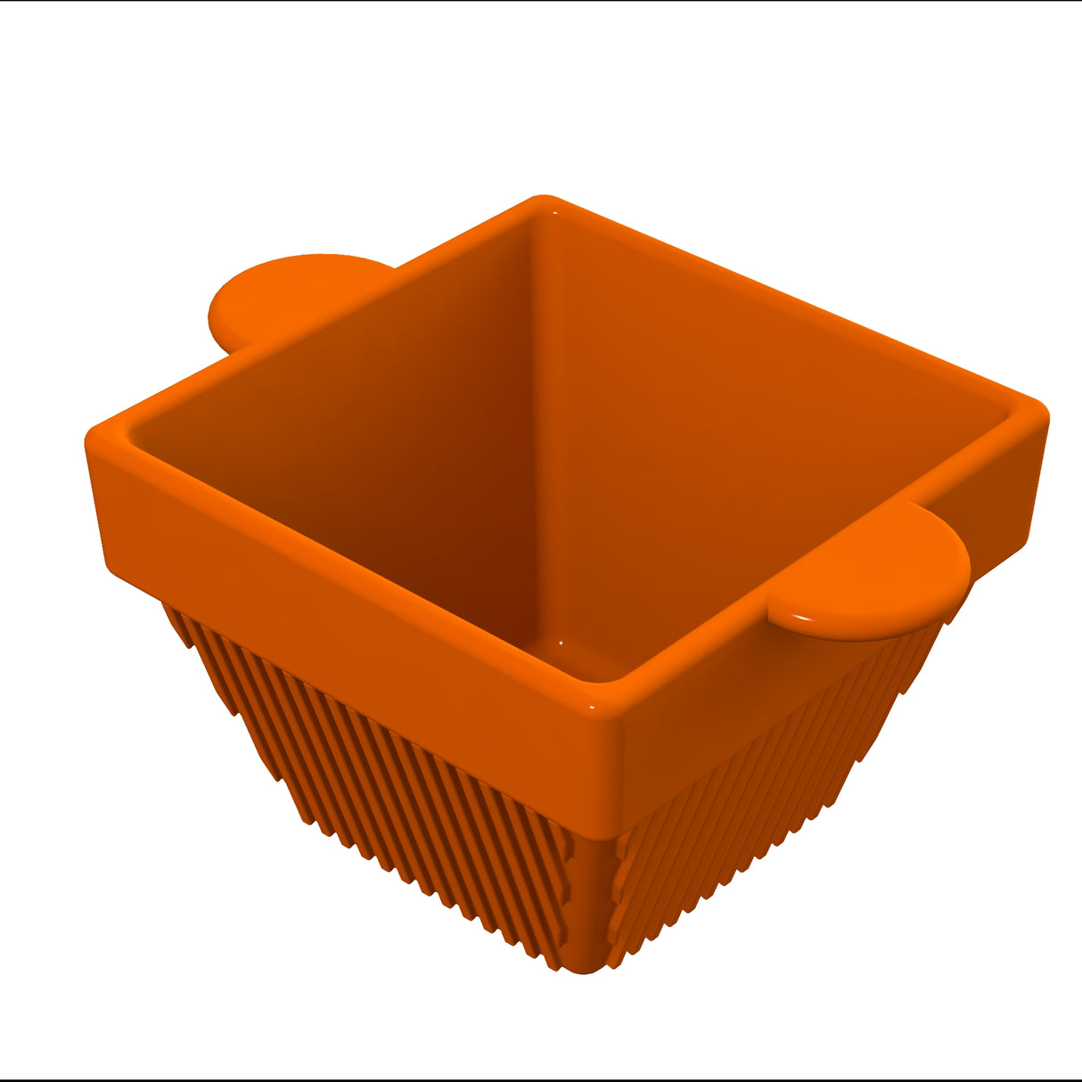 A 3D-rendered orange, square-shaped basket with rounded handles on two opposite sides and vertical grooves along the sides, resembling a stylish cast aluminum condiment bowl, set against a plain white background.