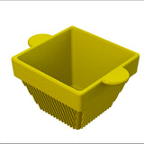 A yellow, square-shaped plastic basket with two rounded handles on opposite sides. The basket's sides have vertical slats, and the interior is smooth and untextured. This dishwasher safe design sits on a plain white background.