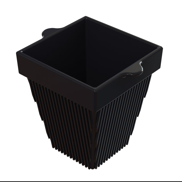 A black, square-shaped basket with vertical slats along its sides and two small side handles near the rim, shown on a white background. Crafted from cast aluminum, the basket features an open top and a modern, minimalistic design.