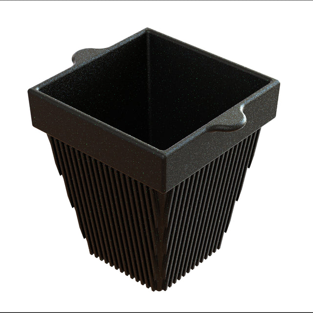 A black, square plant pot with flared sides and vertical ridges, reminiscent of a cast aluminum condiment bowl, features small handles on two opposite edges near the top rim. The pot has a modern, textured appearance and is set against a white background.