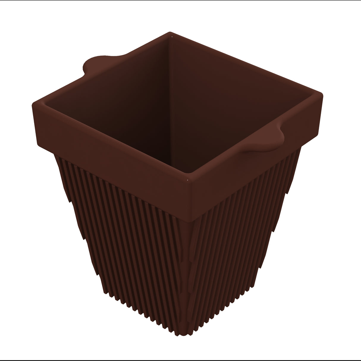 A 3D-rendered, dark-brown, square condiment bowl with slanted ridged sides and two small tab-like handles on opposite edges of the rim. The cast aluminum container is empty and viewed from above at an angle against a plain white background.