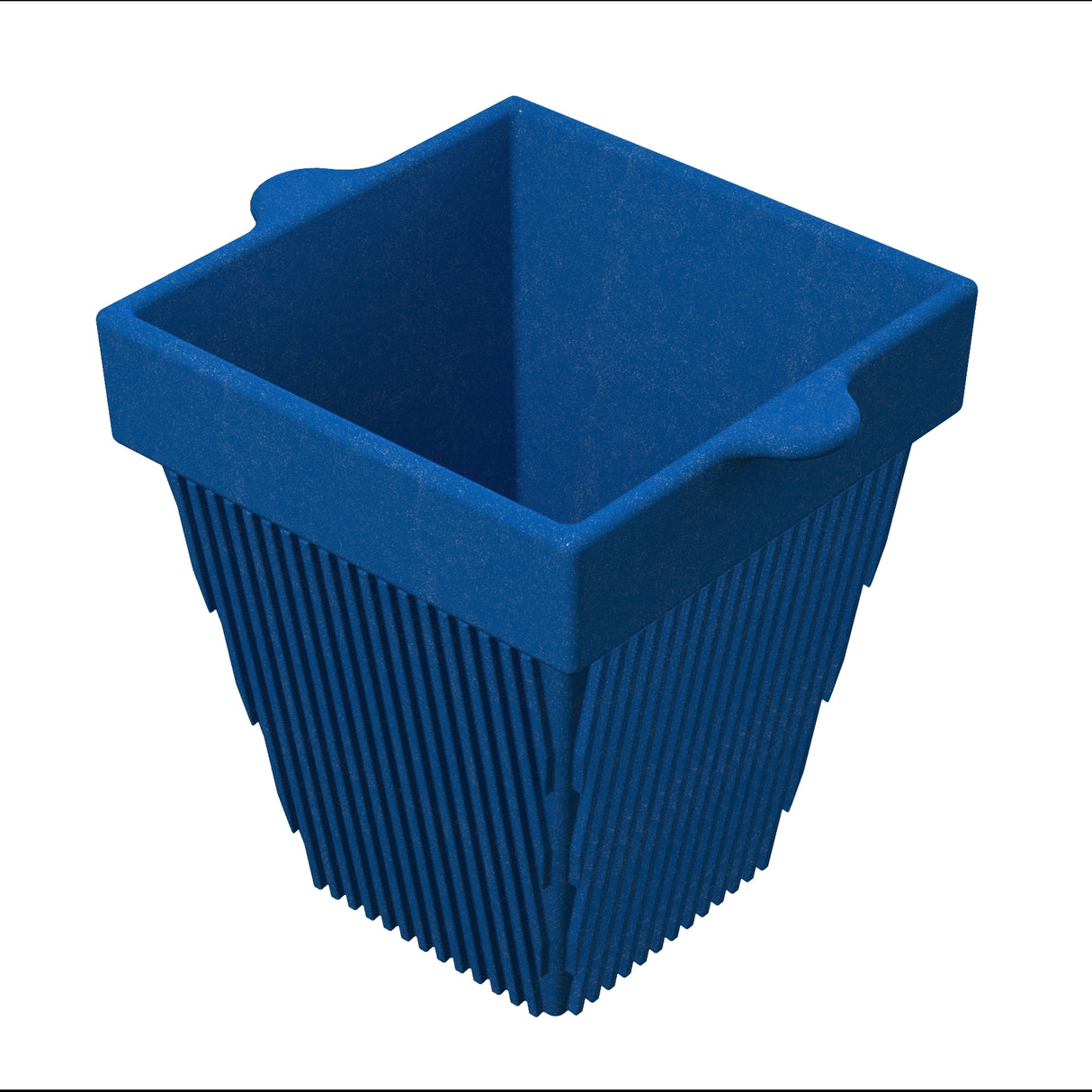 A blue, square, open-top condiment bowl with vertical ridges along its tapered sides and two small, flat handles on opposite edges near the rim. The container appears to be plastic and is set against a plain white background.