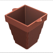 A brown, square, plastic plant pot with vertical ribbed sides and two flat handles on opposite edges at the top. The pot, reminiscent of a condiment bowl in shape, tapers downward and appears empty, set against a white background.